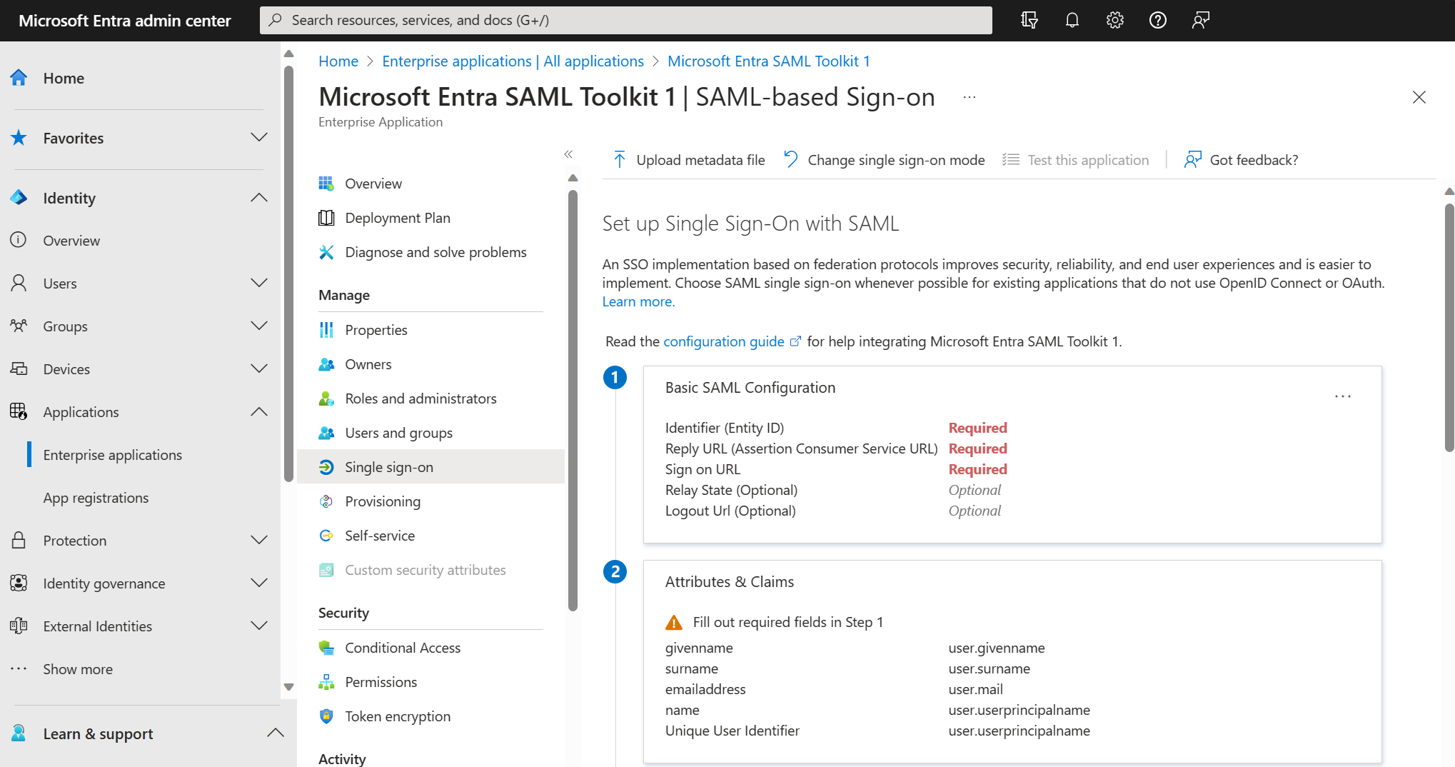 Screenshot of the SAML SSO settings pane.