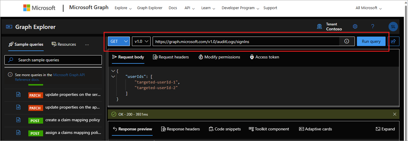 Screenshot of an activity log GET query in Microsoft Graph.