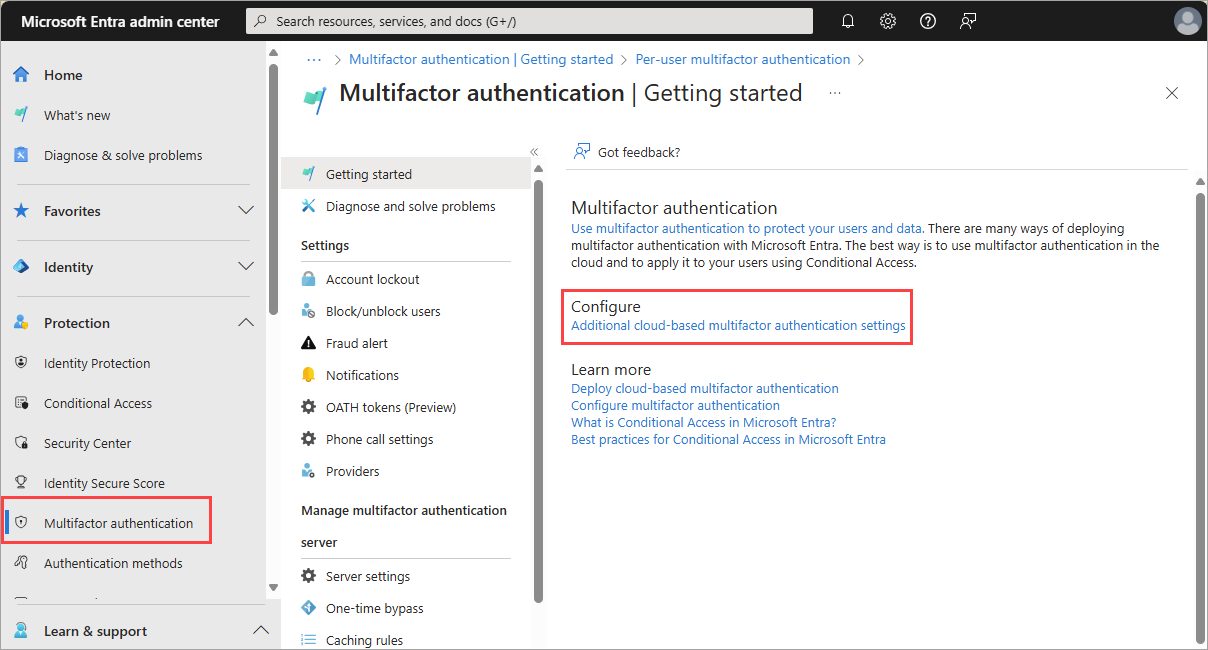 Screenshot of the configuration settings link in Microsoft Entra multifactor authentication section.