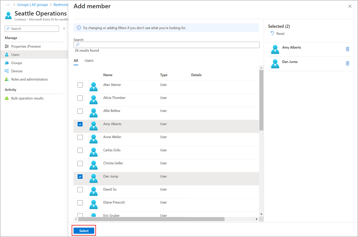 Screenshot of adding multiple devices to an administrative unit.