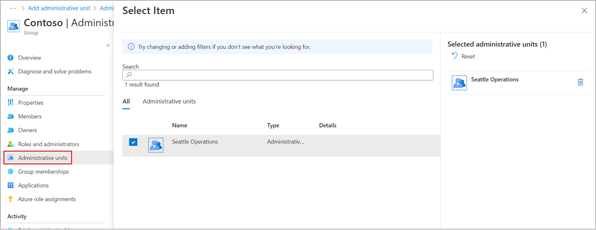 Screenshot of the Administrative units page for adding a user to an administrative unit.