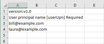 Screenshot of an edited CSV file for adding users to an administrative unit in bulk.