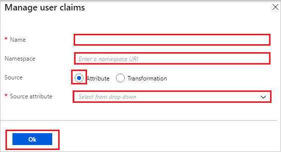 Screenshot shows the Manage user claims dialog box where you can enter the values described.