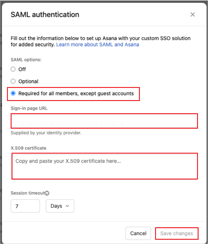 Screenshot showing Configure Single Sign-On SAML Authentication settings.