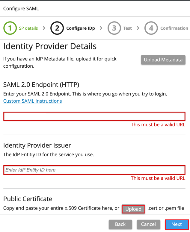 Screenshot shows the IDP Metadata.