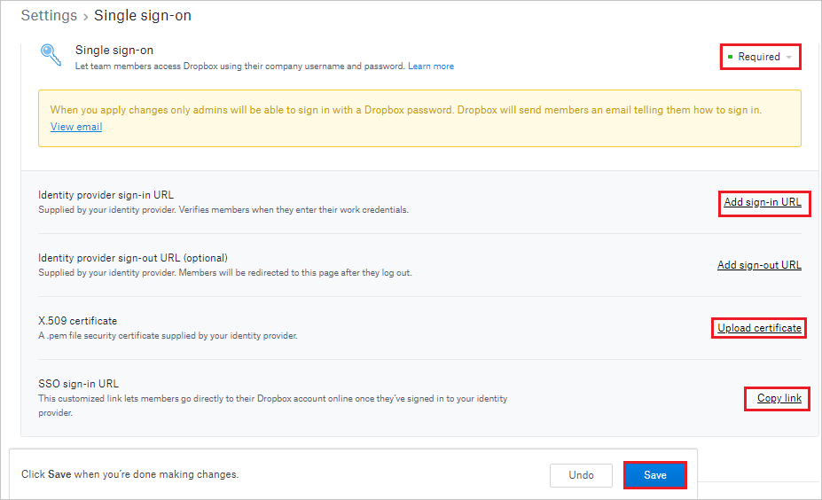 Screenshot that shows the "Single sign-on" configuration settings.