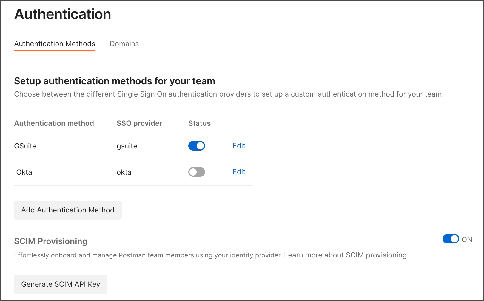 Screenshot of Postman authentication settings page.