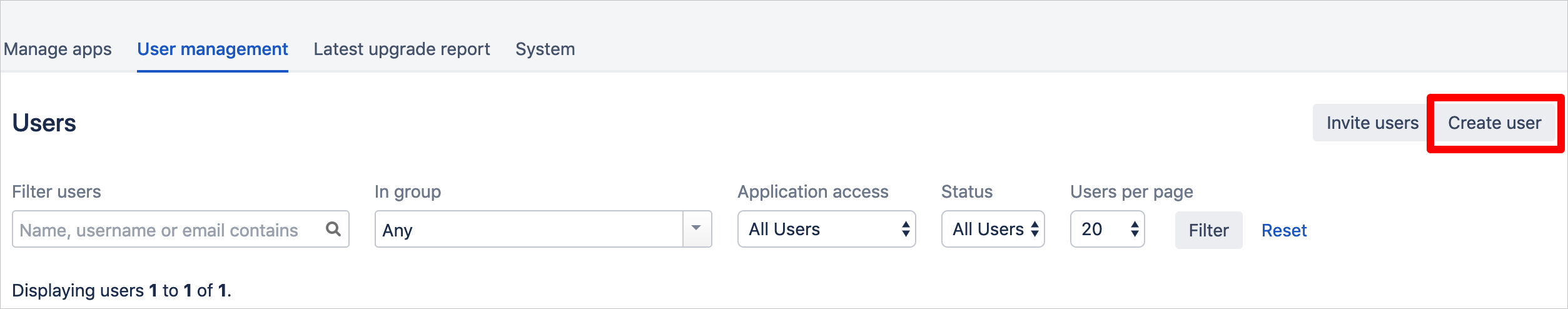 Screenshot that shows the "User management" tab with the "Create user" button selected.