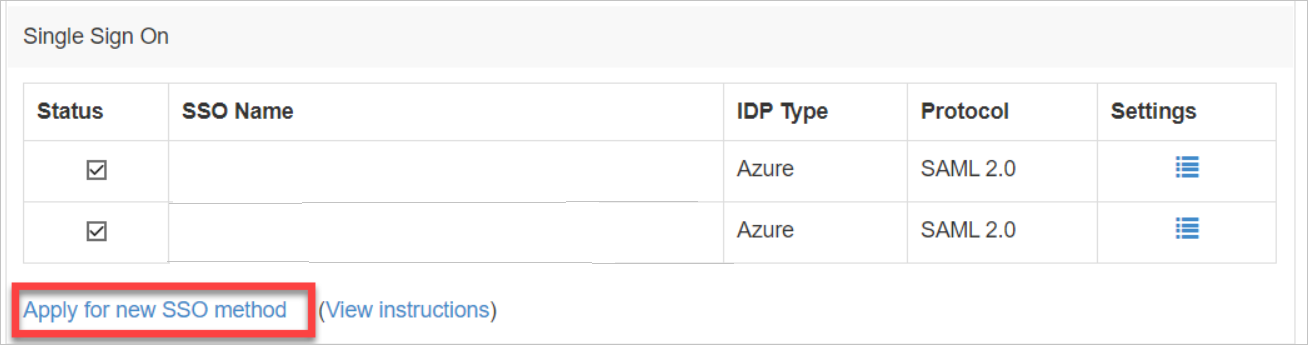 Screenshot shows the Single Sign On page where you can select Apply for new S S O method.