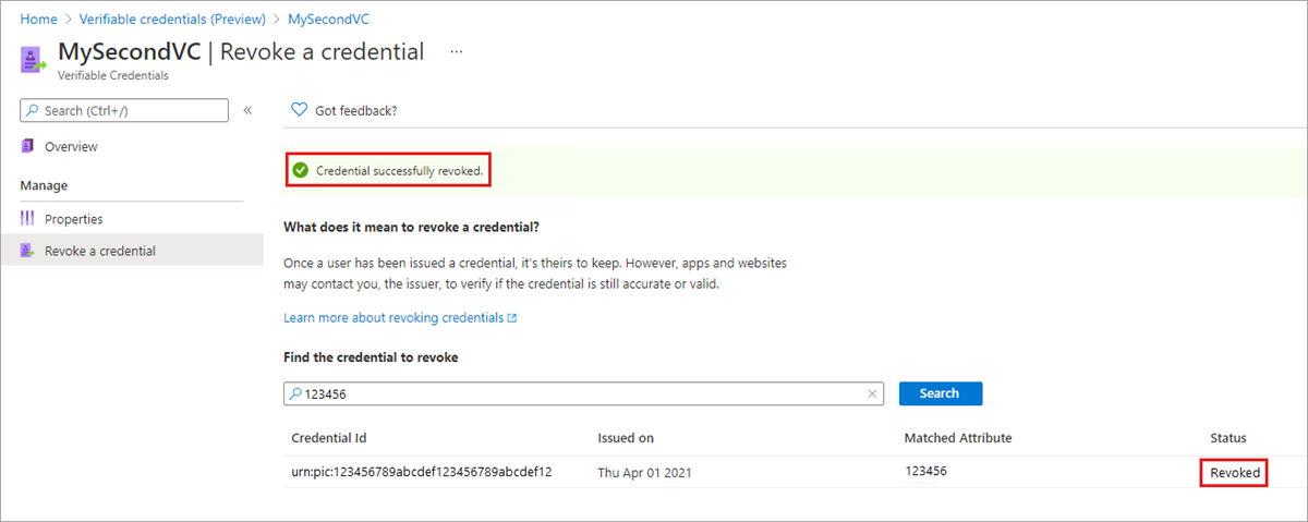 Screenshot that shows a successfully revoked verifiable credential message.