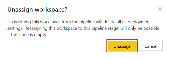 A screenshot showing the unassign workspace pop-up window in deployment pipelines. The unassign button is highlighted.