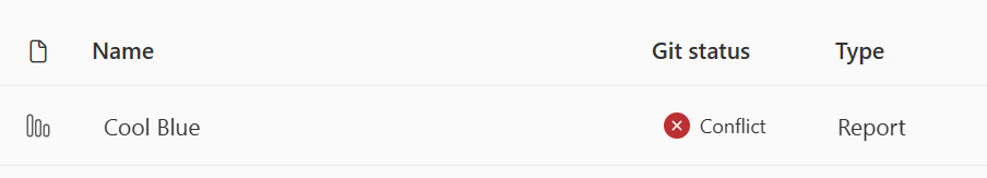 Screenshot of a report with a Git status that says conflict.