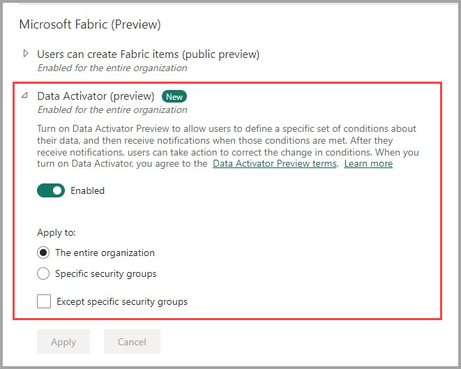 Screenshot of enabling data activator in the admin portal.