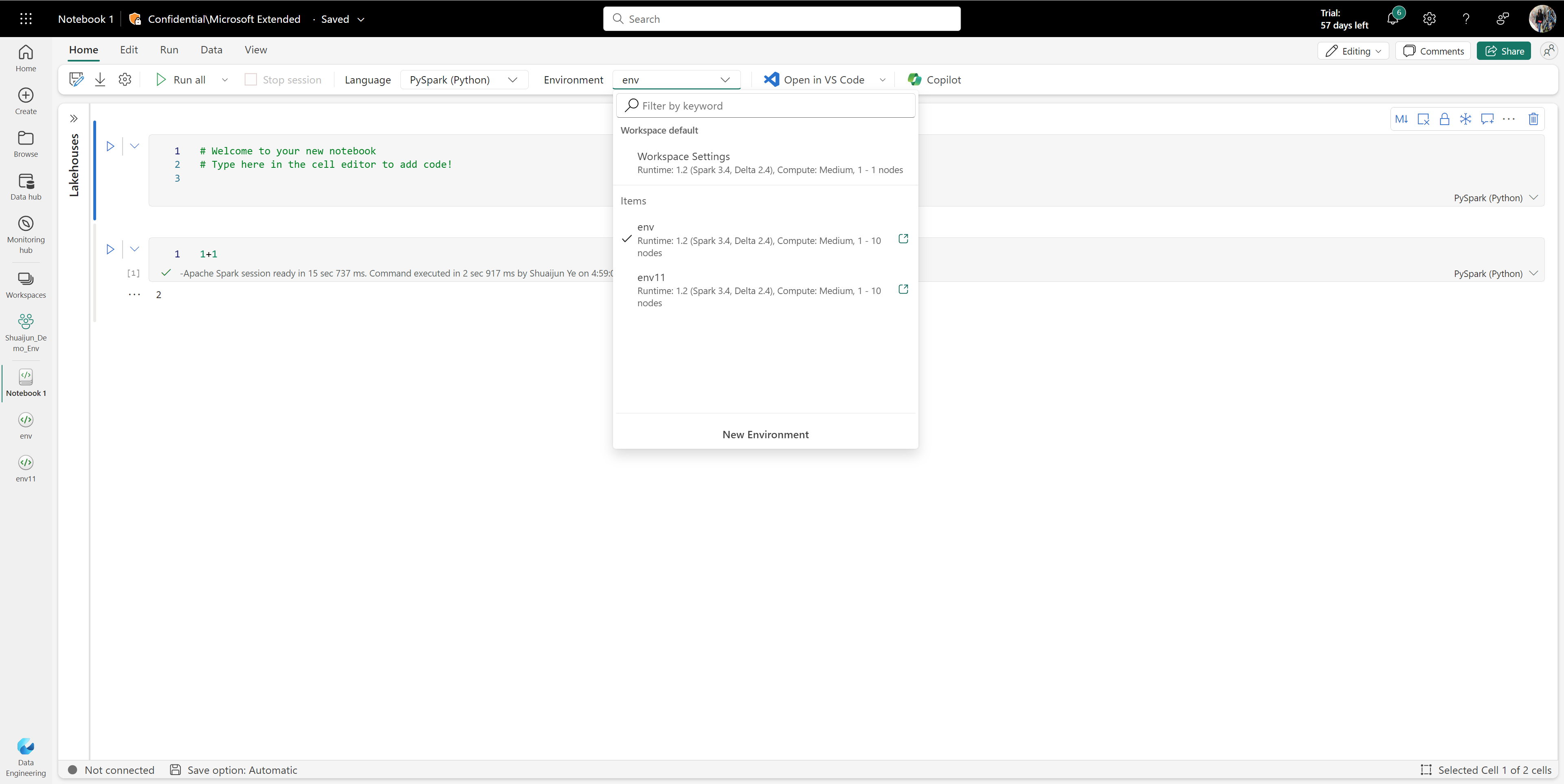 Screenshot showing where to attach an environment in a notebook.