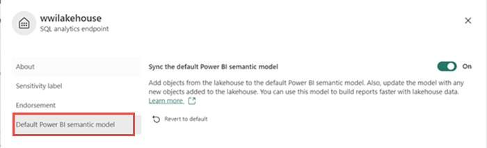 Screenshot showing how to turn on data sync to the default semantic model