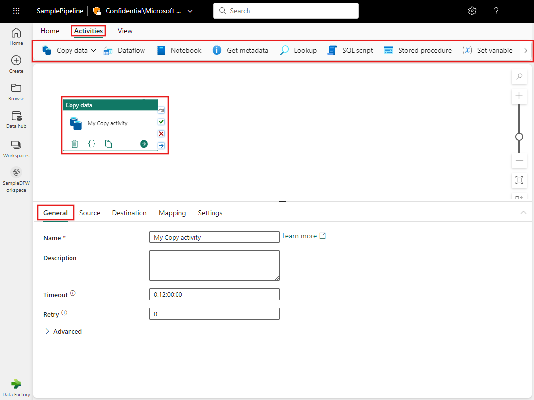 Screenshot showing the pipeline editor with the Activities tab, toolbar, a copy activity, and the General tab of its properties, all highlighted.