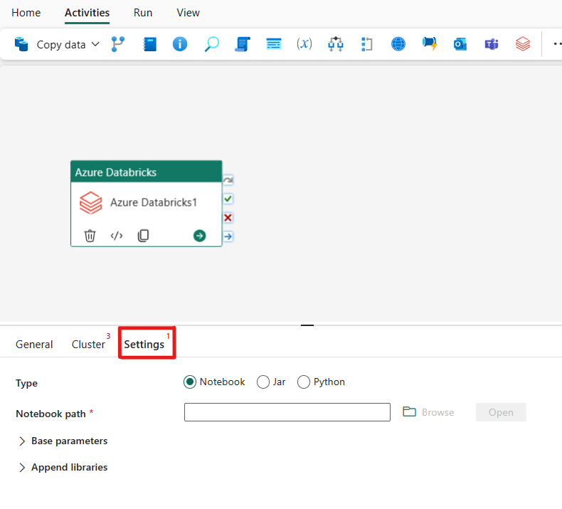 Screenshot showing the Settings tab of the Azure Databricks activity.