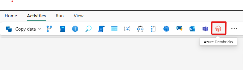 Screenshot of the Fabric UI with the Activities pane and Azure Databricks activity highlighted.