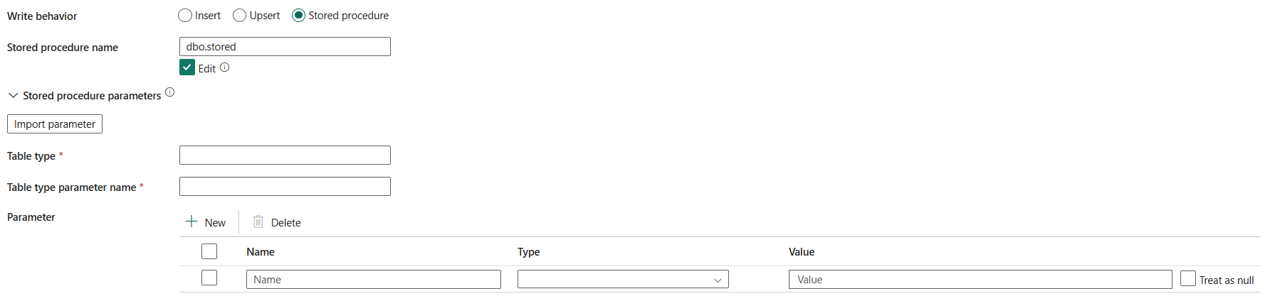 Screenshot showing stored procedure settings in destination write behavior.