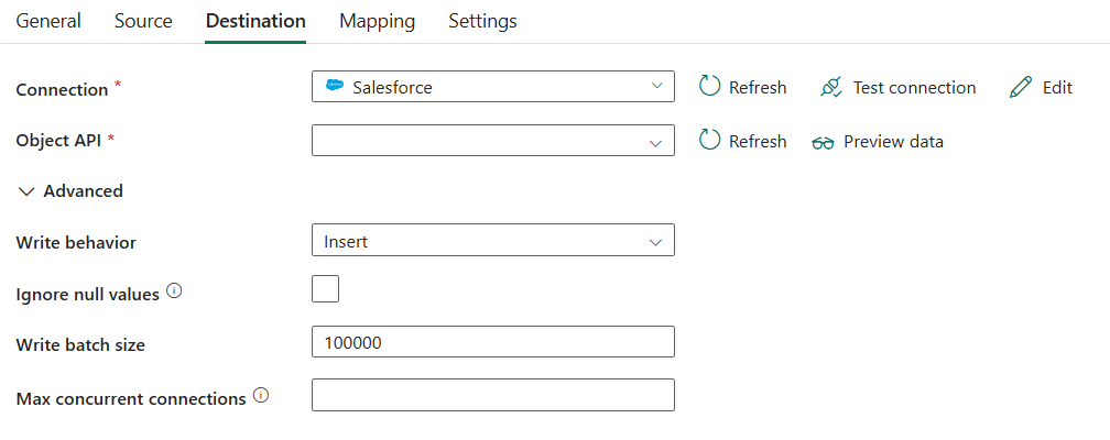 Screenshot showing destination tab and the list of properties.