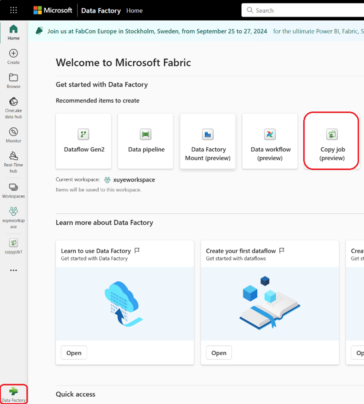 Screenshot showing where to navigate to the Data Factory home page and create a new Copy job (preview).