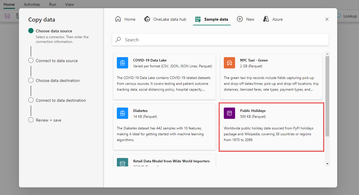 Screenshot showing the Choose data source page of the Copy data assistant with the Public Holidays sample data selected.