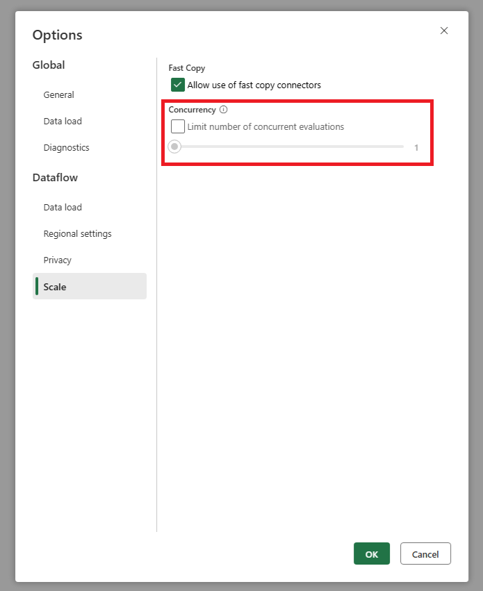 Screenshot of the dataflow concurrency control settings.