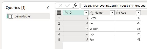 Screenshot showing the Power Query editor with some transformations applied to the sample data source.