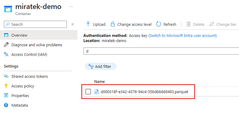 Screenshot showing the Parquet file generated by the pipeline.