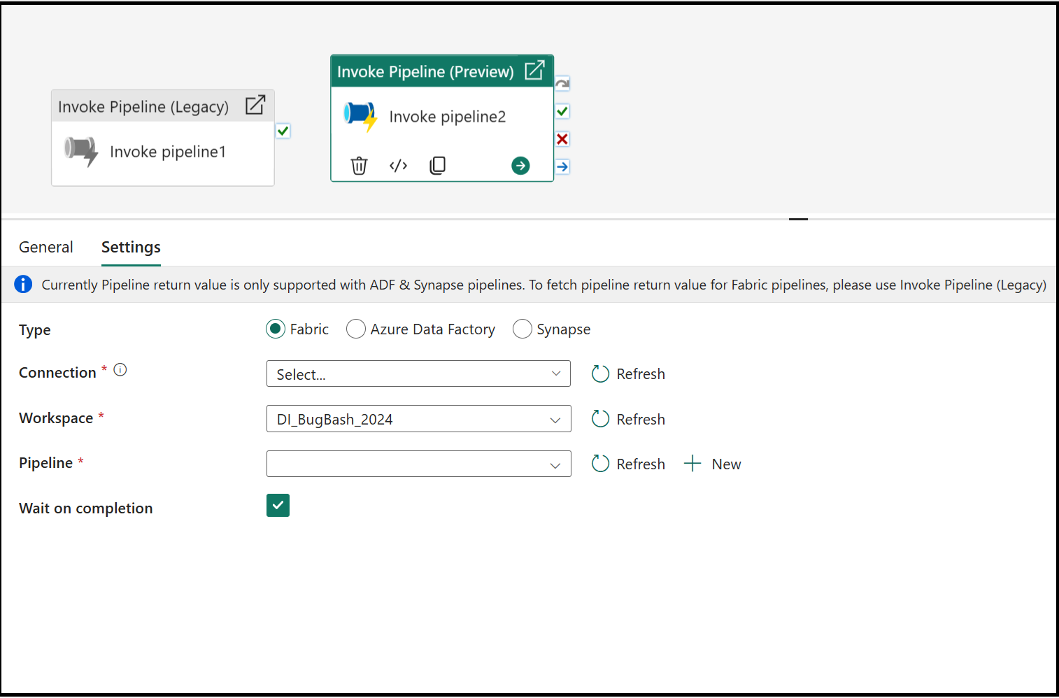 Screenshot showing the Invoke pipeline activity settings tab, highlighting ADF and Synapse.