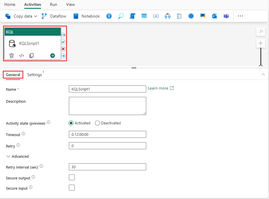 Screenshot showing the General settings tab of the KQL activity.