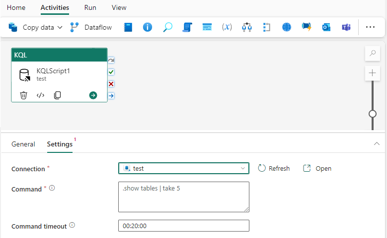 Screenshot showing the Settings tab of the KQL activity highlighting the Command property and showing where its Add dynamic content link appears.