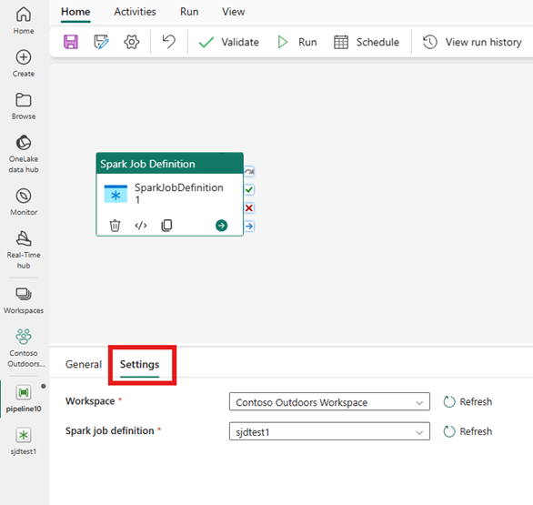 Screenshot showing the Settings tab of the Spark Job Definition properties pages in the pipeline editor window.