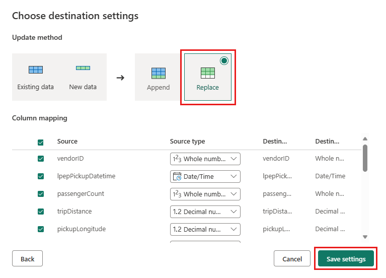 Screenshot showing the Choose destination settings dialog with the Save settings button highlighted.