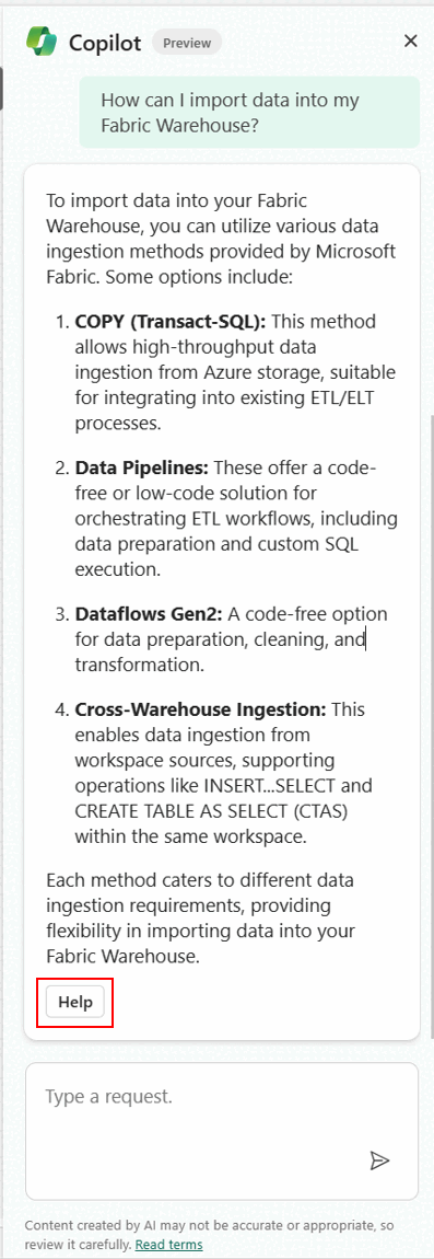 Screenshot from the Fabric portal showing the Copilot chat.