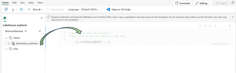 Screenshot from the Fabric portal notebook view. An arrow indicates the path to select dimension_customer, then drag and drop it into the open notebook cell.