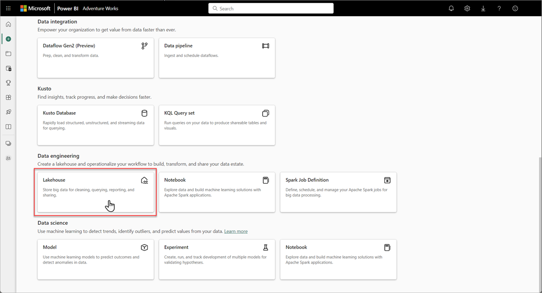 Screenshot showing the Lakehouse tile in Data engineering.