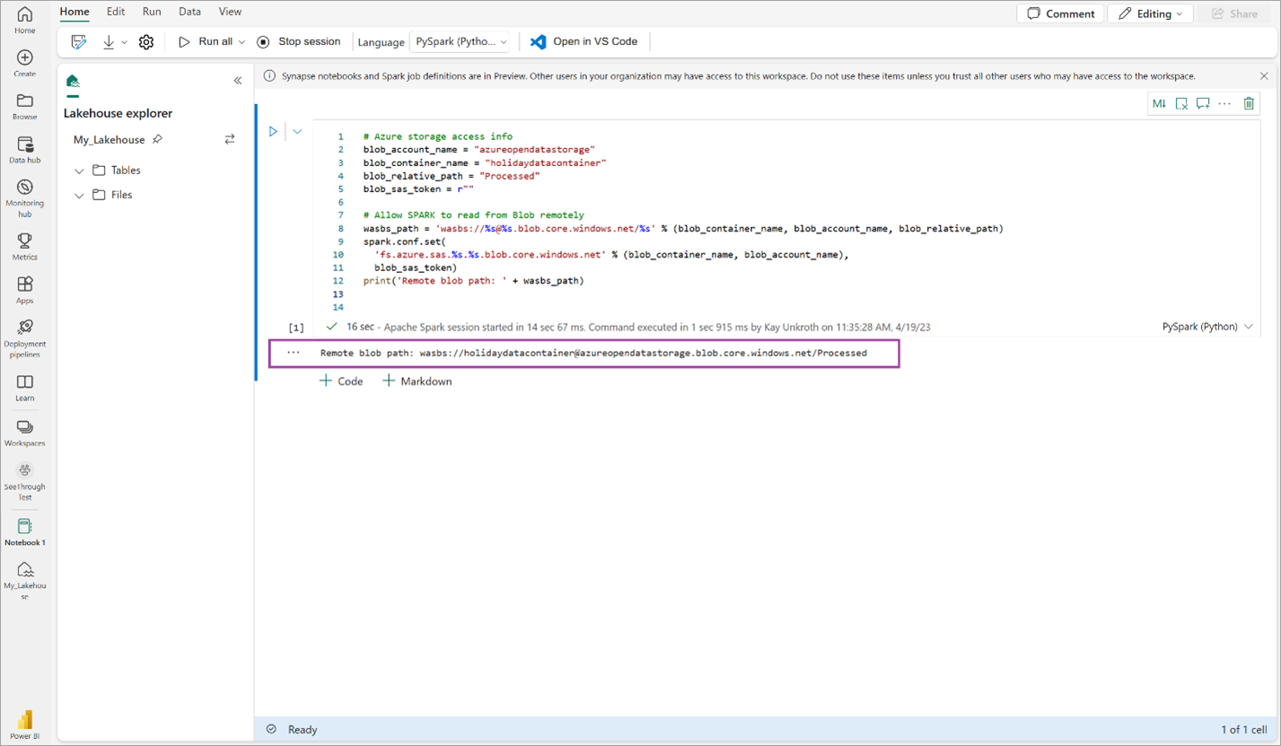 Screenshot showing remote blob path output.