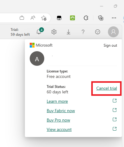 Screenshot of the Cancel trial button in Account manager.