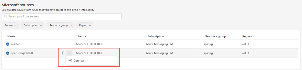 Screenshot that shows the Microsoft sources page with filters to show SQL databases and the connect button for an Azure SQL database.