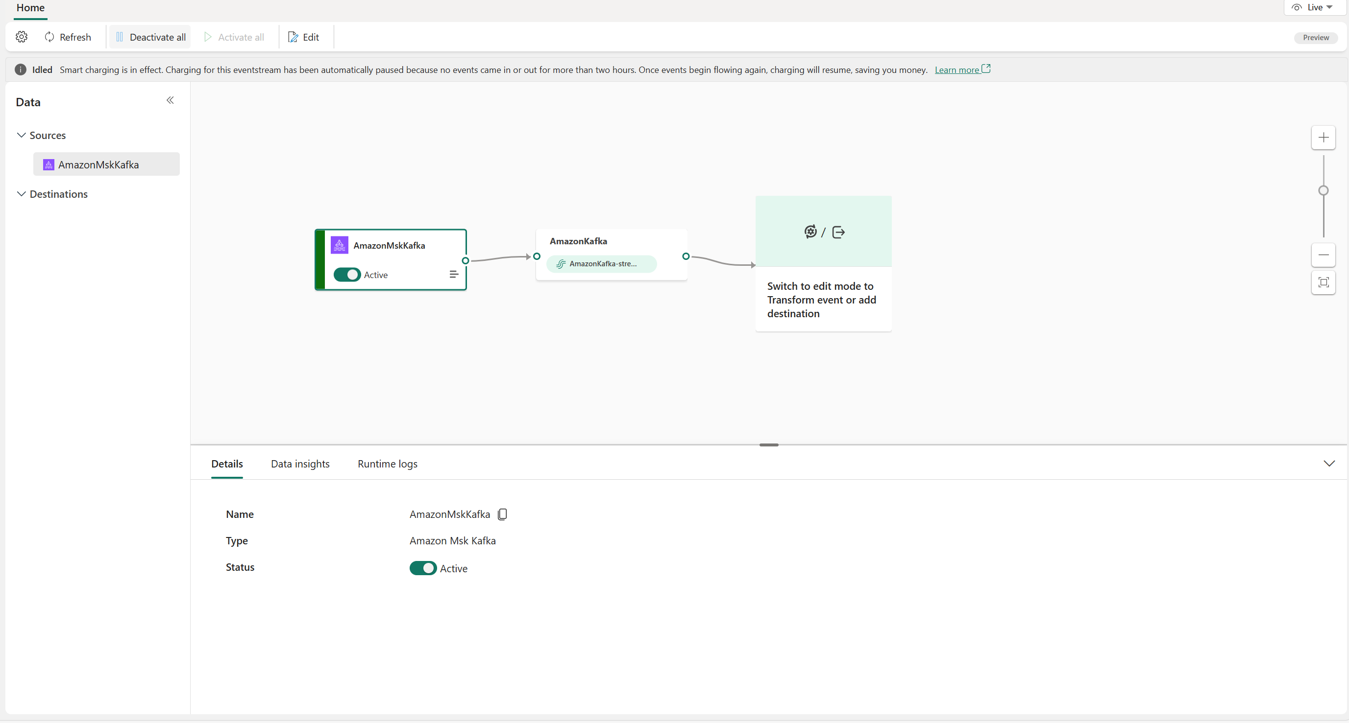 Screenshot that shows Amazon MSK Kafka source in Live view.