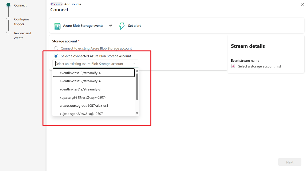 A screenshot of the Azure Blob Storage Events page in Real-Time hub.