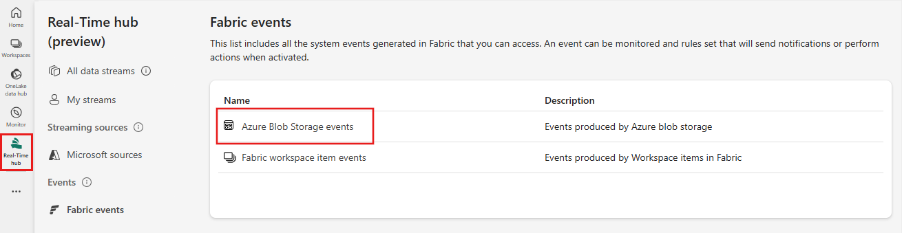 A screenshot of selecting Azure Blob Storage Events under Fabric events in Real-Time hub.