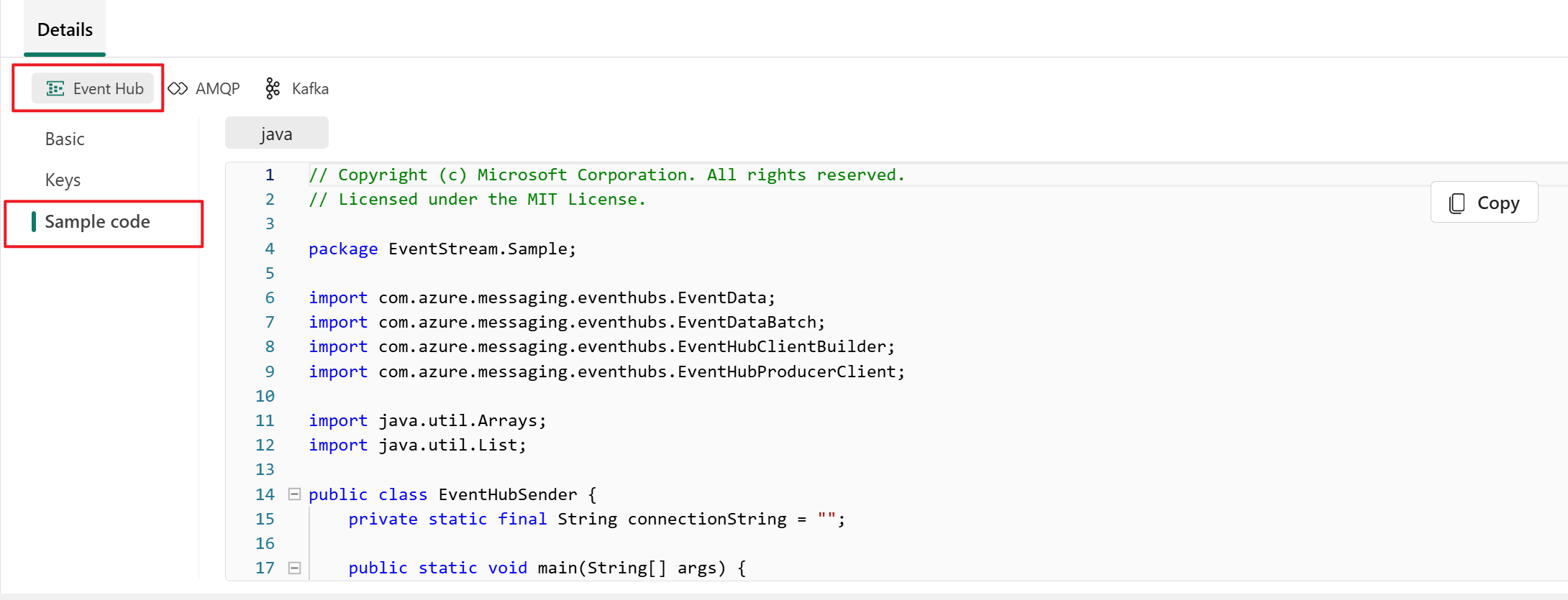 Screenshot that shows sample code on the Details pane of the eventstream live view.