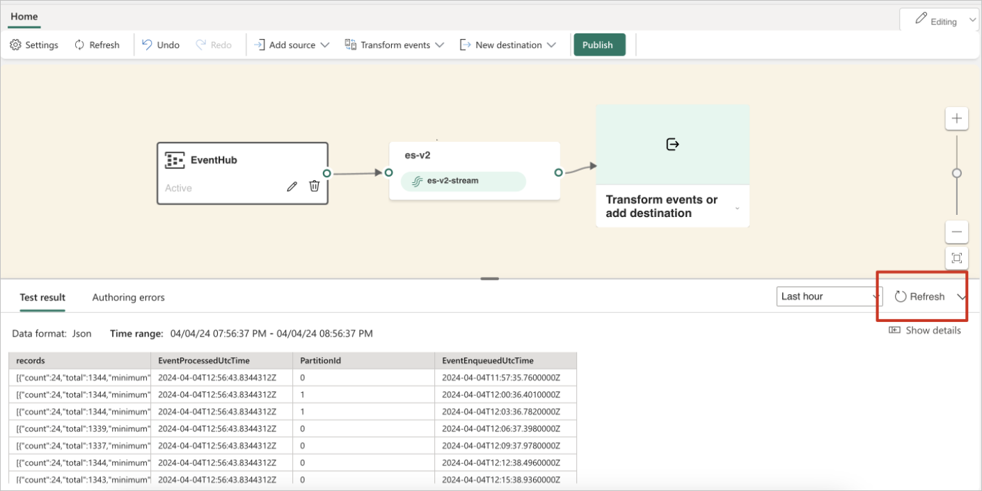 A screenshot of selecting Refresh to preview the Event Hub data.