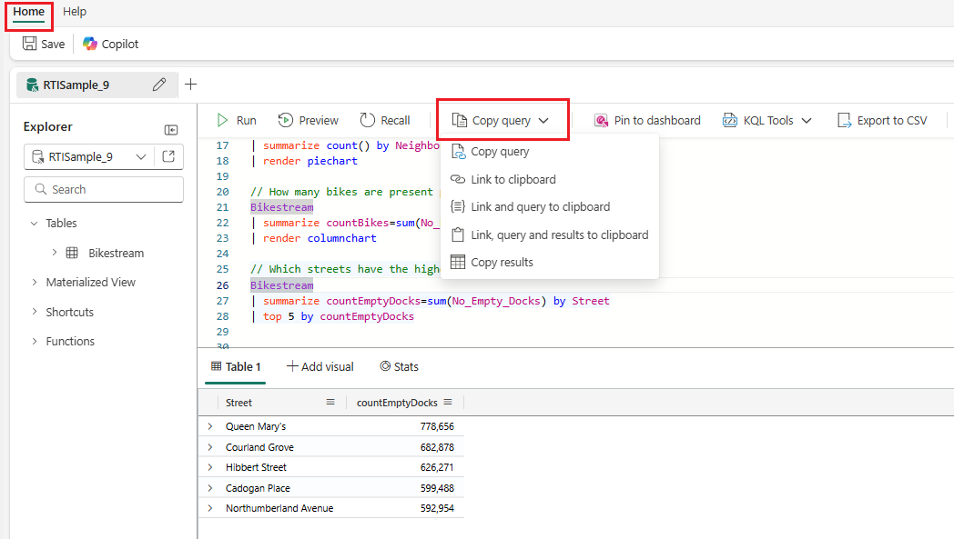 Screenshot of the Manage tab of the KQL Queryset showing the dropdown of the copy query or query results option.