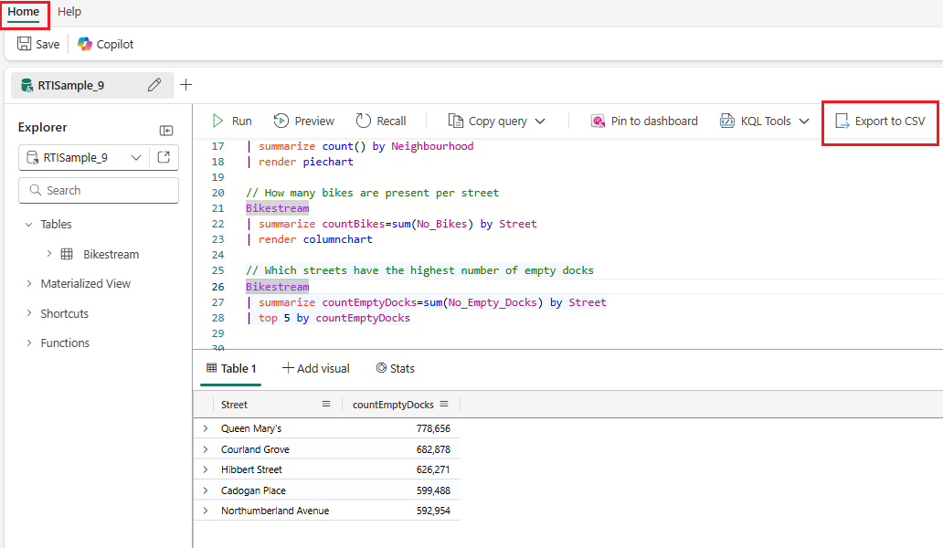 Screenshot of the Home tab of the KQL Queryset showing the highlighted option to export results to CSV.