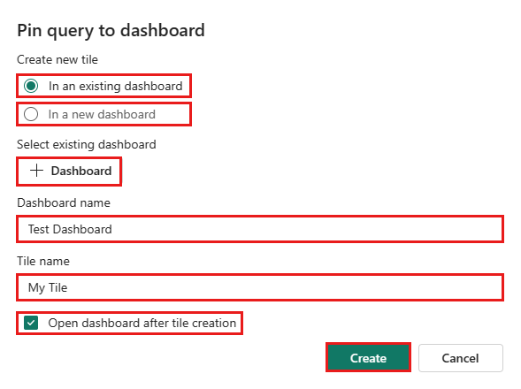 Screenshot of the Pin query to dashboard window.