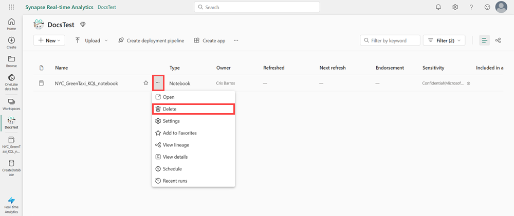 Screenshot of workspace showing the drop-down menu of the NYC GreenTaxi notebook. The option titled Delete is highlighted.