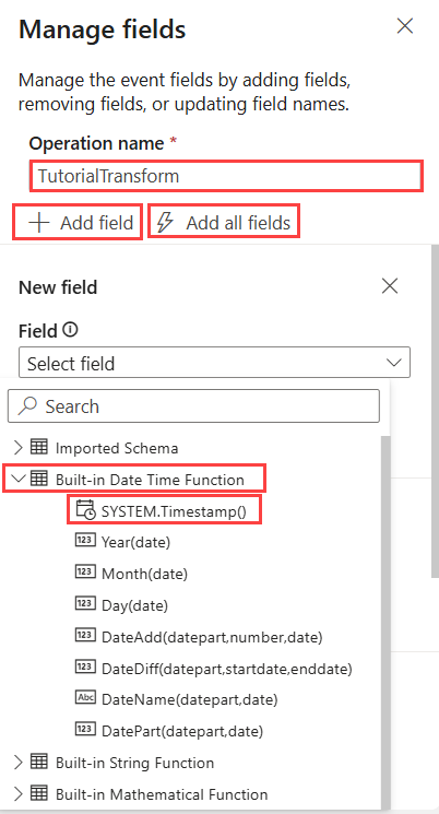 Screenshot showing the system timestamp selected in the event stream manage fields tile in Real-Time Intelligence.